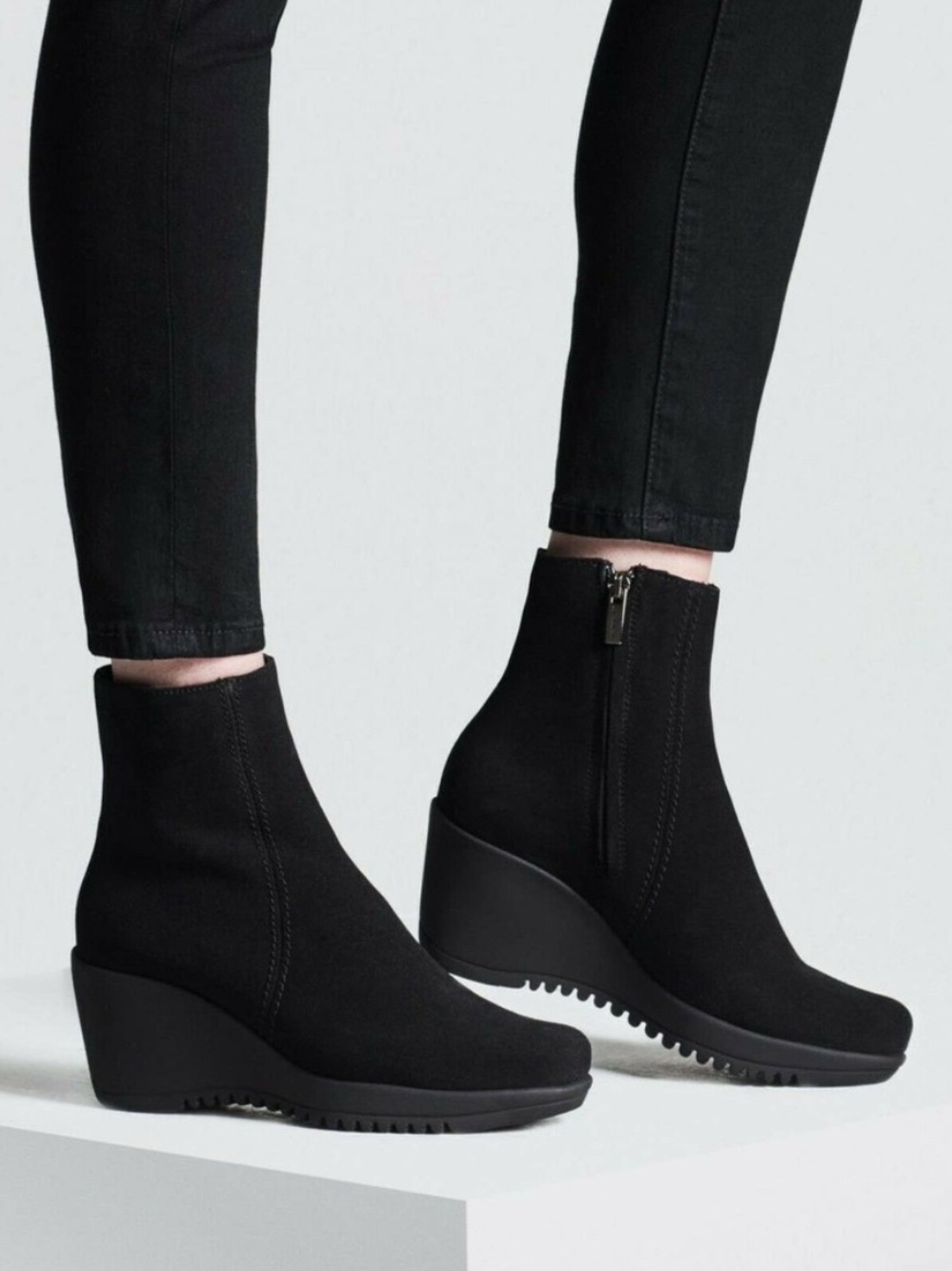 La CANADIENNE Gavyn Women’s Black Suede Wedge Ankle Boot with Side Zip